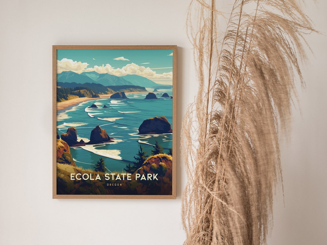 Ecola State Park Oregon Rocky Coast Vintage Travel Poster Illustration - Image 3
