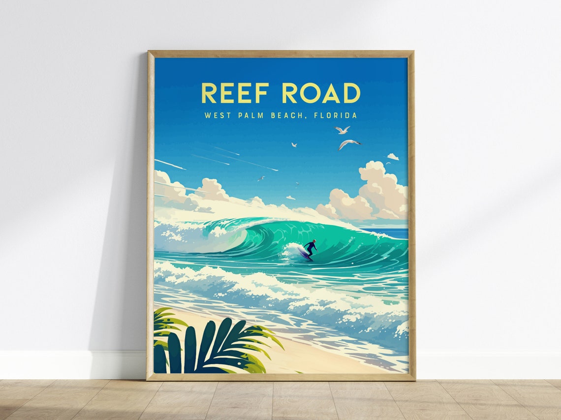 Reef Road West Palm Beach Florida Surf Wave Poster with Surfer
