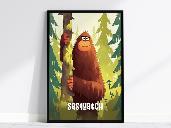Sasquatch Cute Cryptids Series Bigfoot Kids Room Framed Poster Art Childrens Illustration Toddler Boys Bedroom Nursery Unframed Print Set
