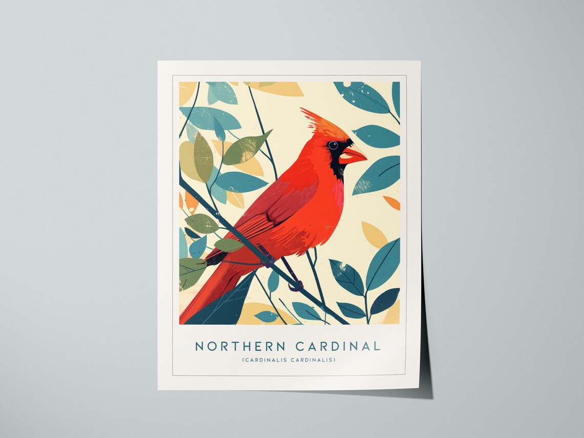 Red Cardinal Print, Modern Songbird Wall Art
