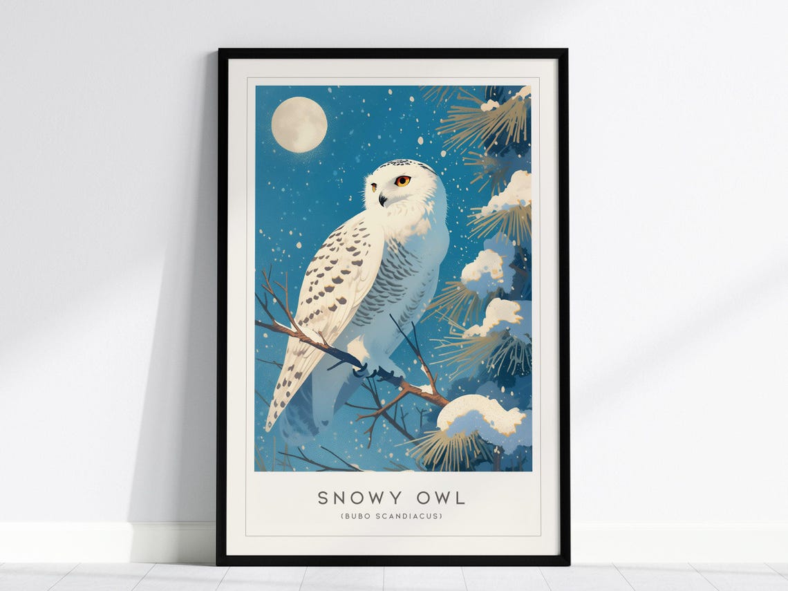 Snowy Owl Night Winter Bird Illustration Vintage Style Art Poster