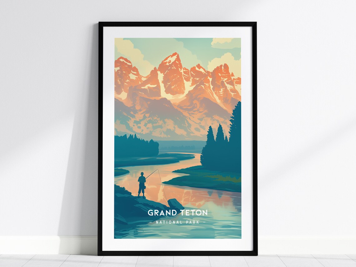Grand Teton National Park Fly Fishing Sunrise Mountain Art Poster