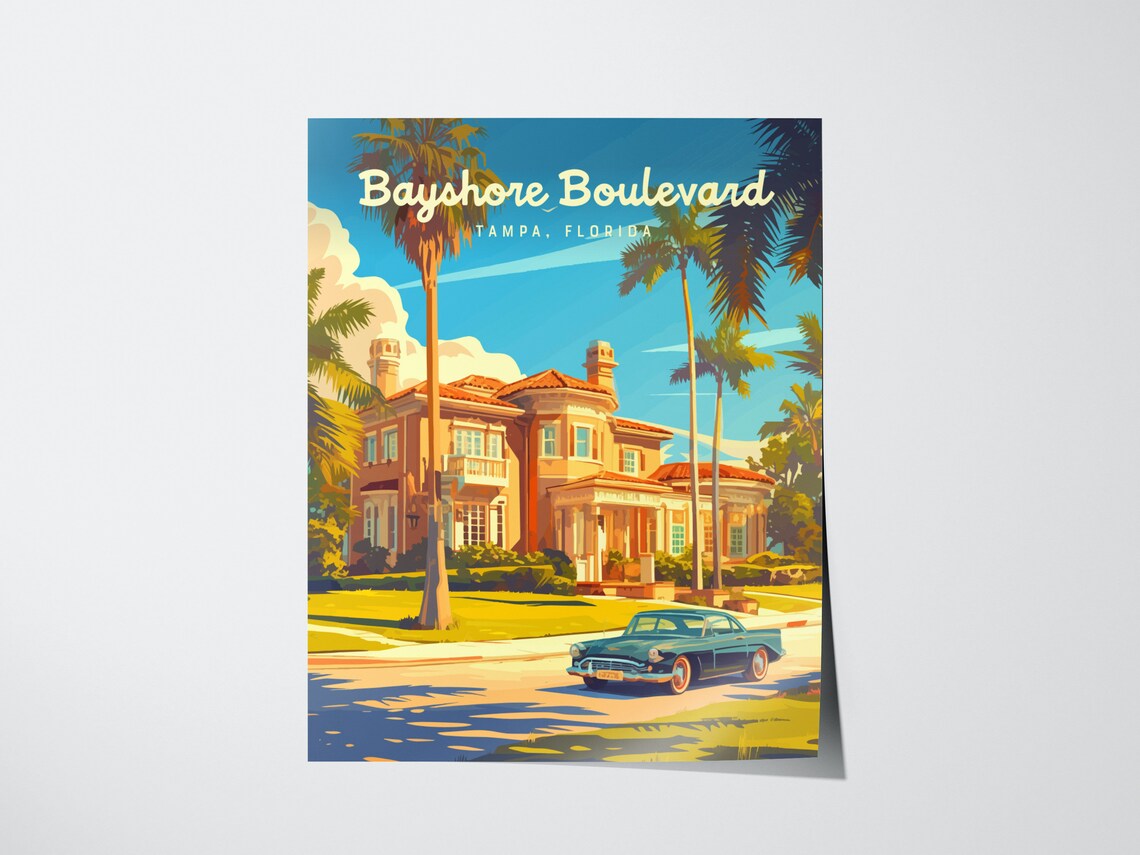 Bayshore Boulevard Tampa Florida Mansion Vintage Retro Travel Poster - Image 4