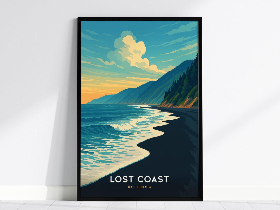 Lost Coast California Sunset Black Sand Beach Waves Travel Poster