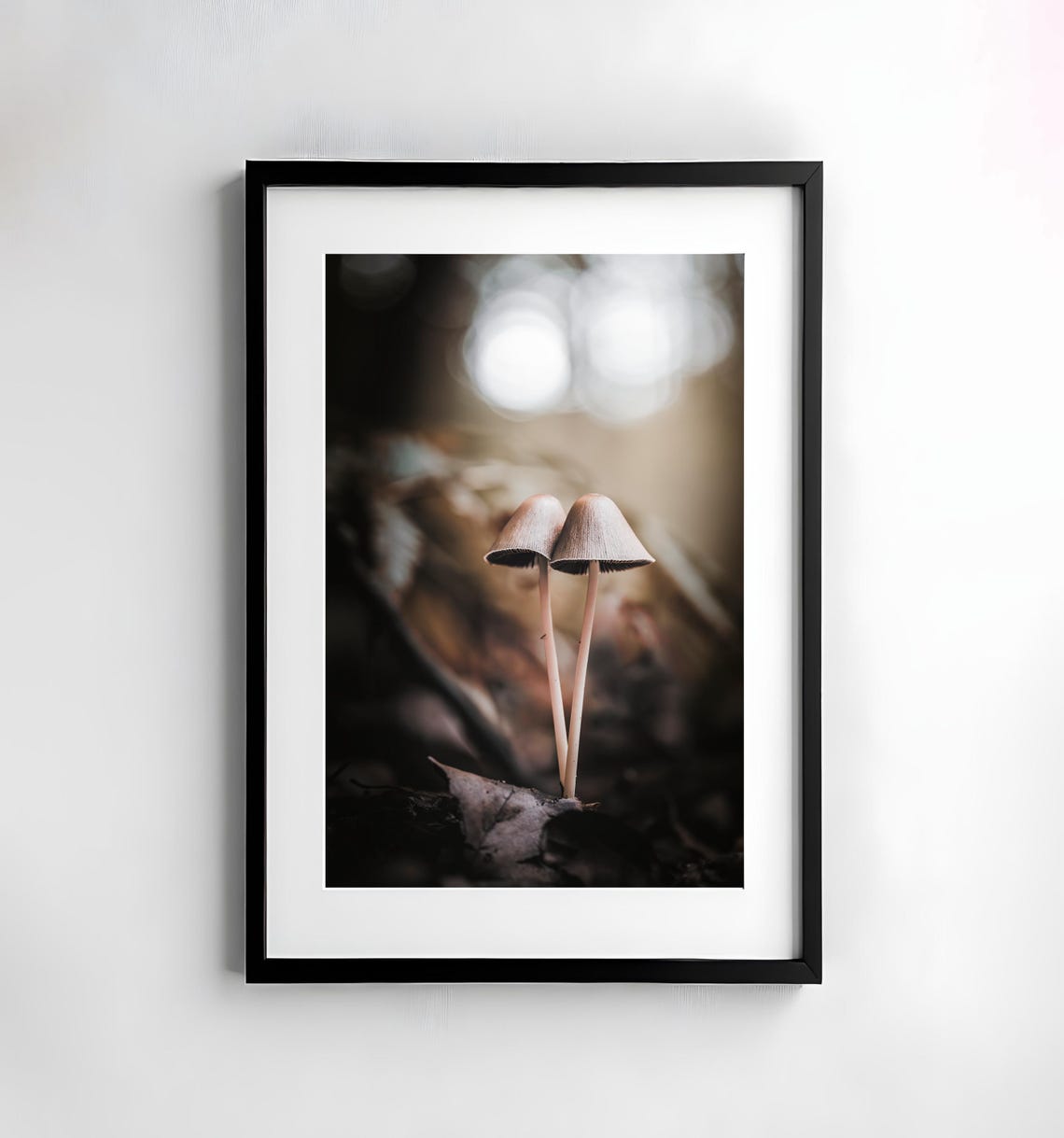 Two Tiny Bonnet Mushrooms Slender Stems Autumn Forest Poster
