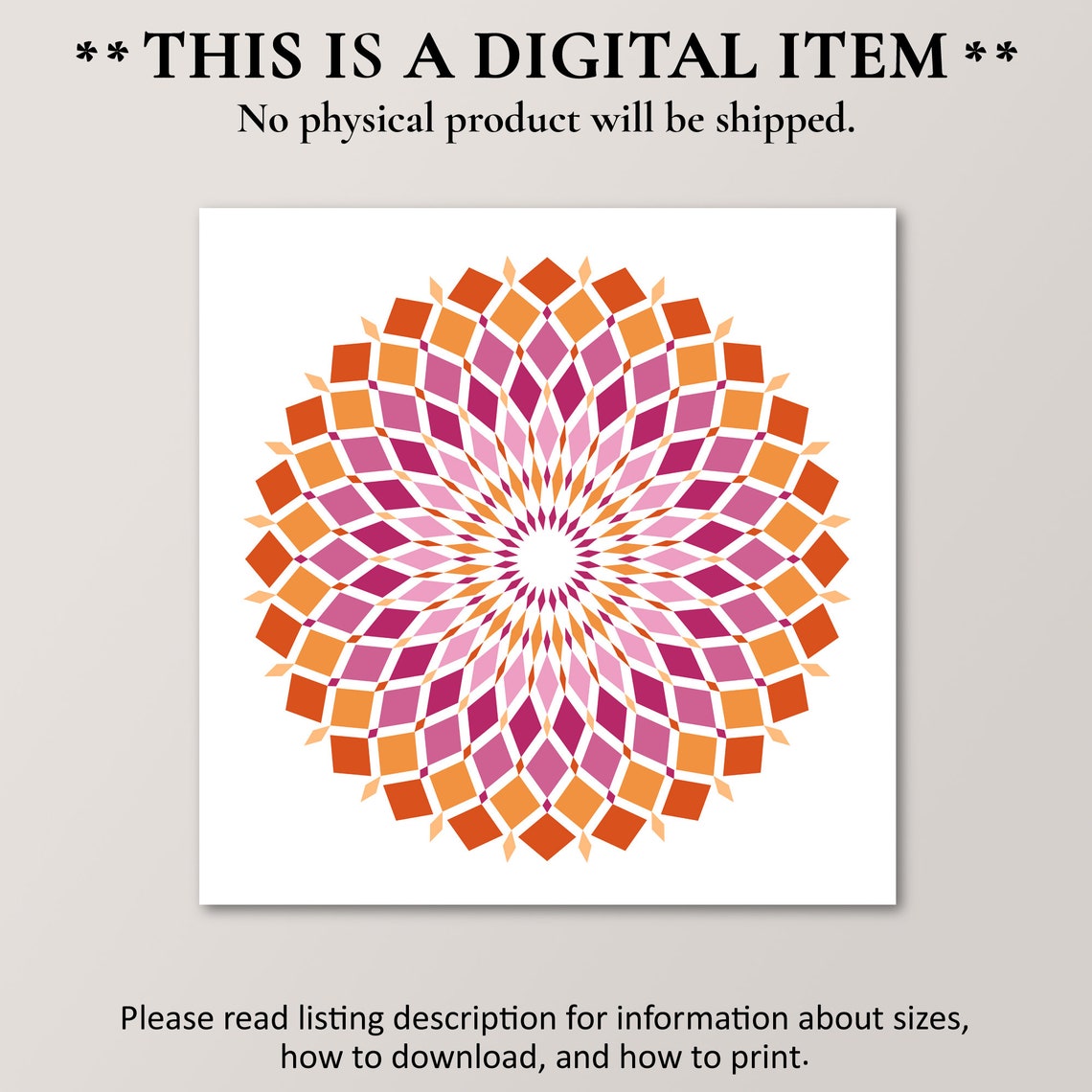 Lesbian Pride Mandala Orange Pink Geometric Diamond Wall Art Decor - Image 2