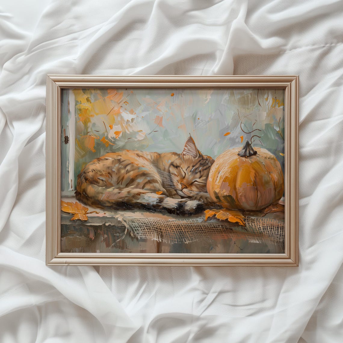 Cat Sleeping With Pumpkin Print Farmhouse Halloween Wall Art Cute Halloween Home Decor Fall Cat Print 946 - Image 2