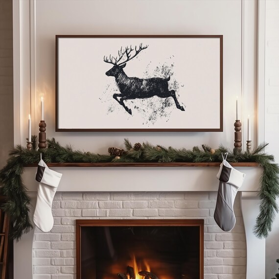 Scandinavian Black Reindeer Stag Sketch Christmas TV Art Print