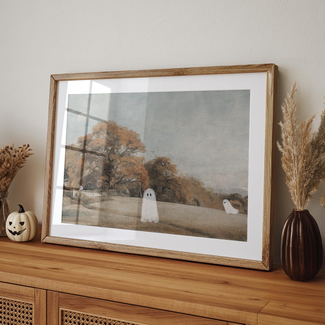 Cute White Ghosts Autumn Landscape Whimsical Halloween Art Poster - Image 4