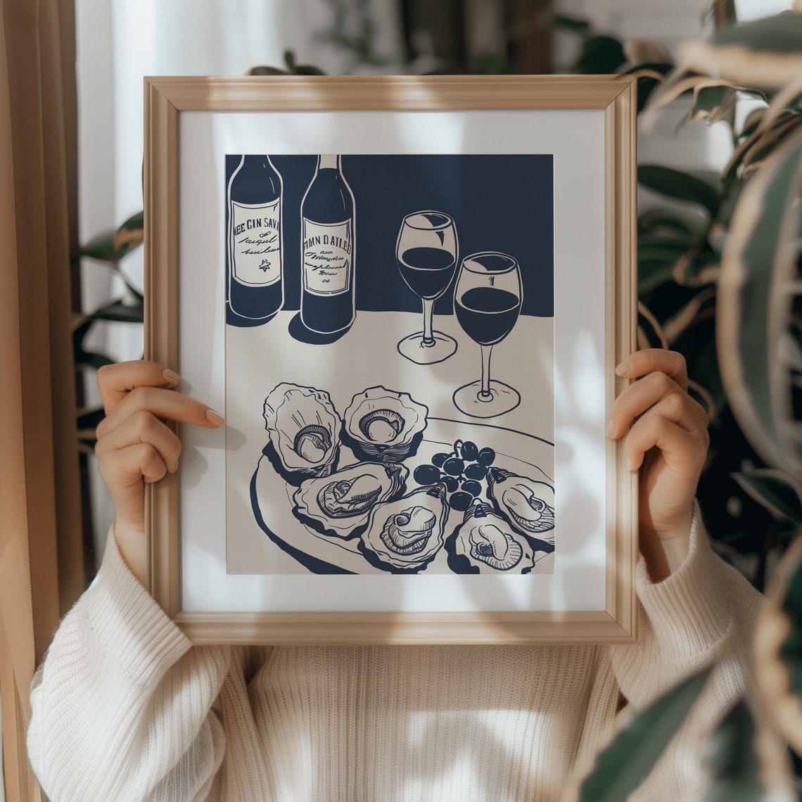 Navy Line Art Oysters and Red Wine Glasses Kitchen Chic Poster - Image 2