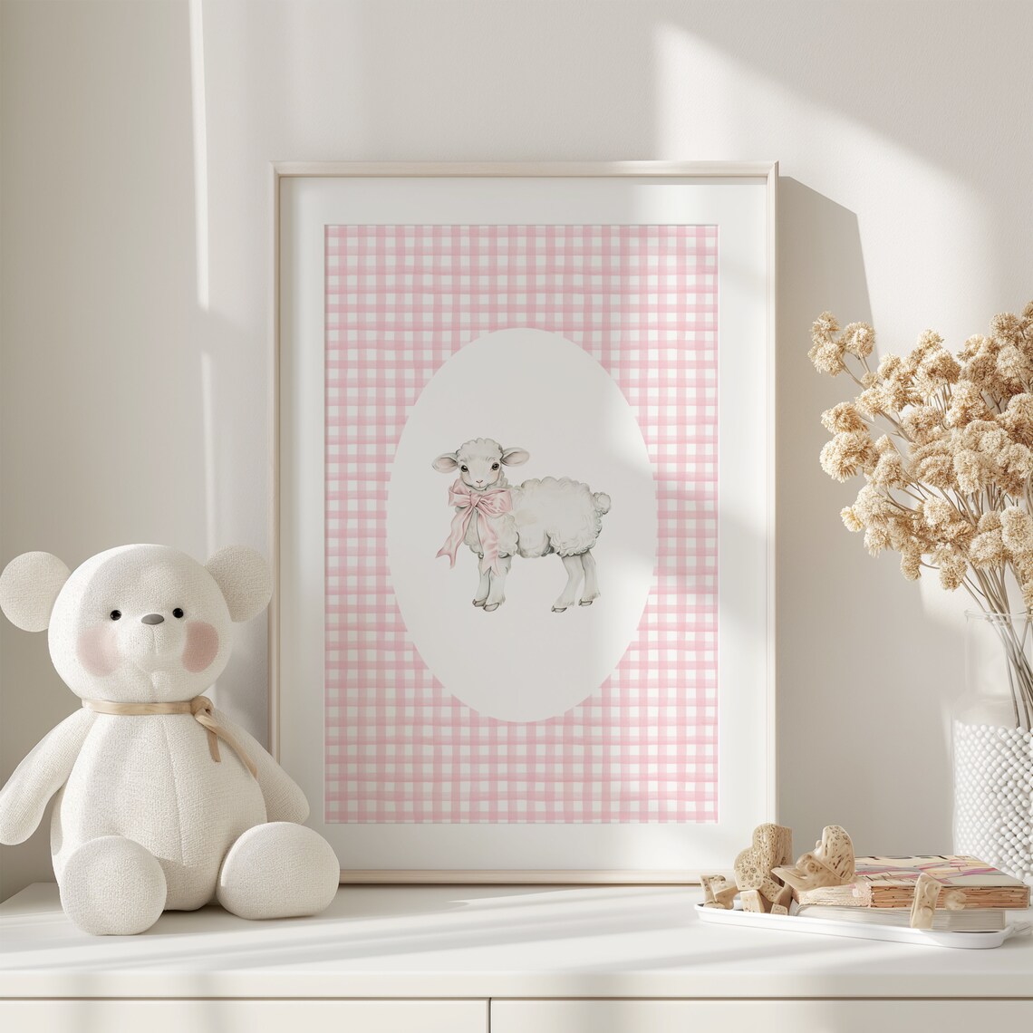 Lamb Nursery Print, Gingham Pink Cottagecore Decor - Image 4
