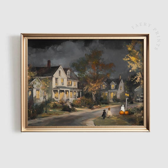 Halloween Night Art Print, Spooky Autumn Street Scene