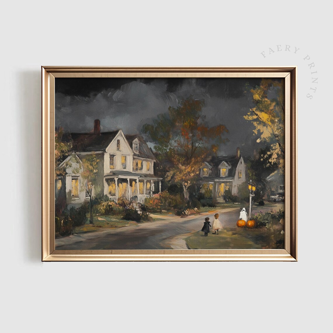 Halloween Night Art Print, Spooky Autumn Street Scene