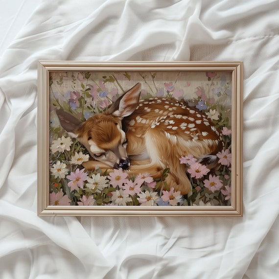 Fawn Sleeping on Flowers Art Print, Romantic Floral