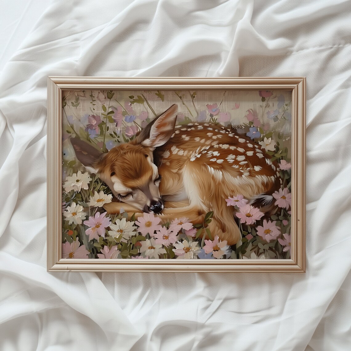 Fawn Sleeping on Flowers Art Print, Romantic Floral