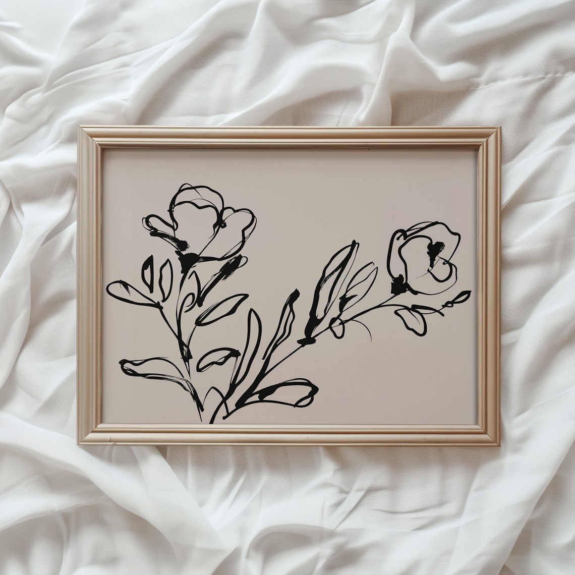 Minimalist Black Ink Flower Line Drawing Modern Neutral Art Poster