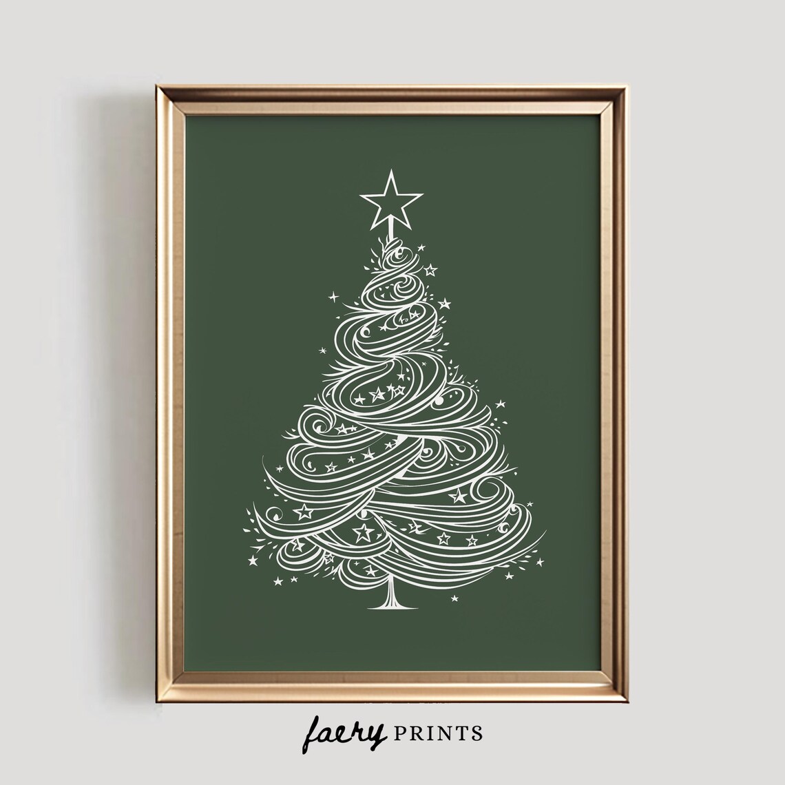 Swirling White Line Christmas Tree Star Minimalist Green Poster