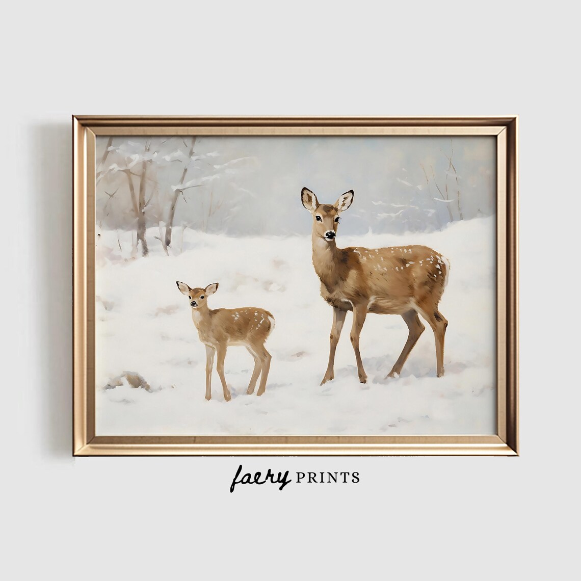 Winter Deer Snow Fawn Landscape Art Print