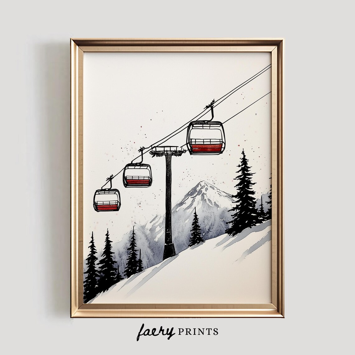 Ski Hill Neutral Winter Watercolor Art Print