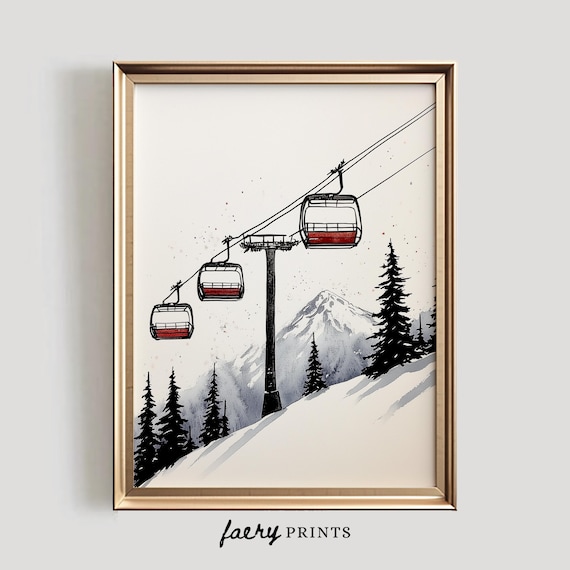 Ski Hill Neutral Winter Watercolor Art Print