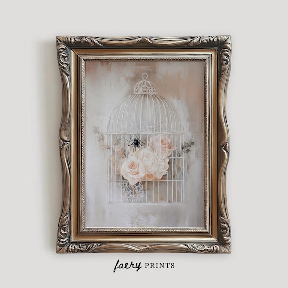 White Birdcage Blush Roses Spider Web Gothic Romance Art Poster