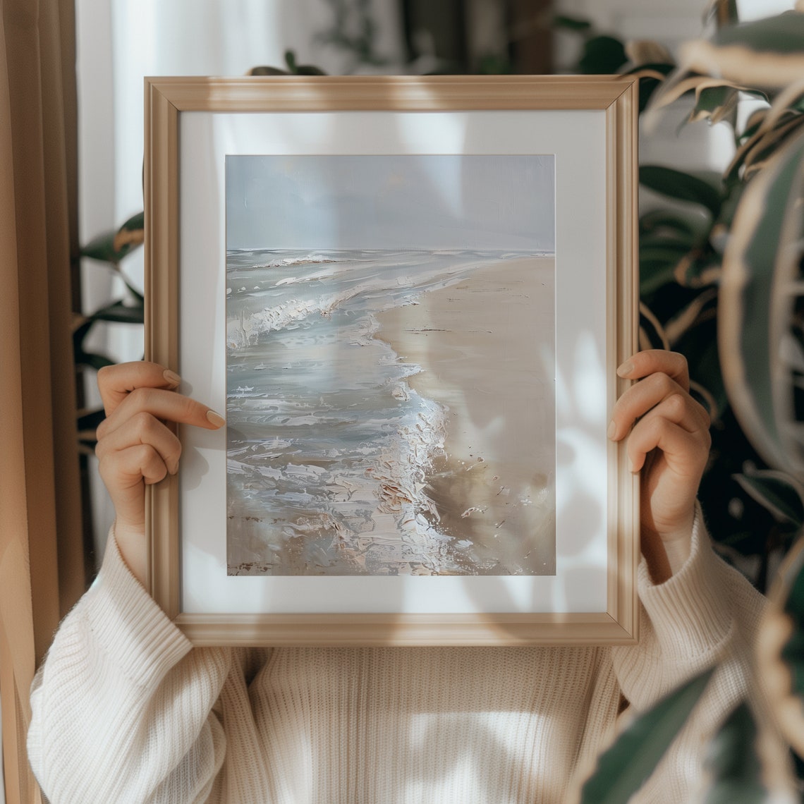 Soft Neutral Ocean Waves Sandy Beach Coastal Painting Poster - Image 4