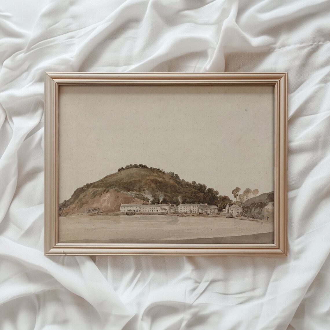 Neutral Coastal Vintage Seascape Town Travel Poster