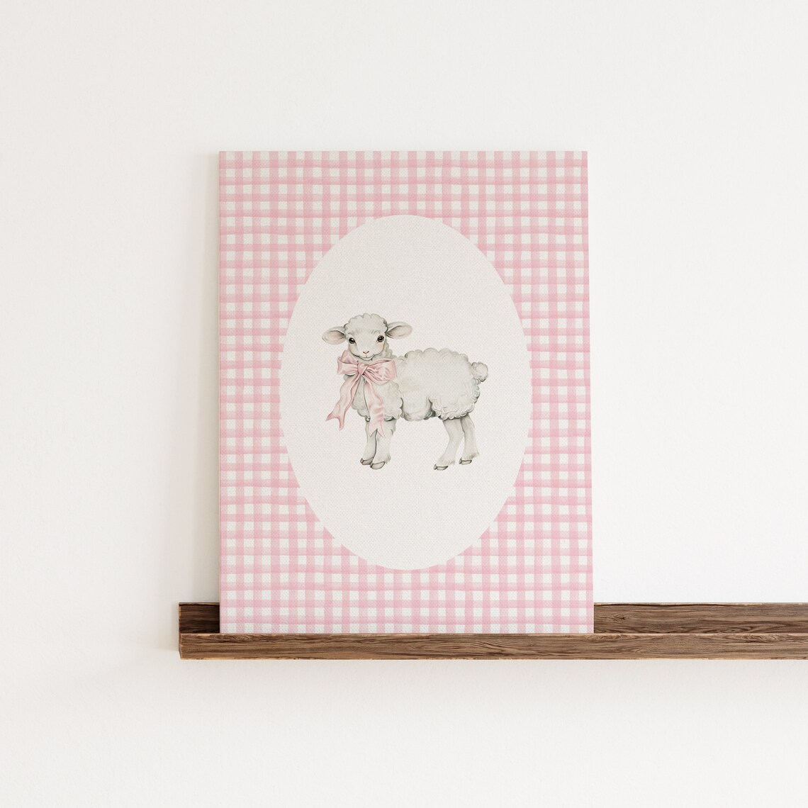 Lamb Nursery Print, Gingham Pink Cottagecore Decor - Image 3