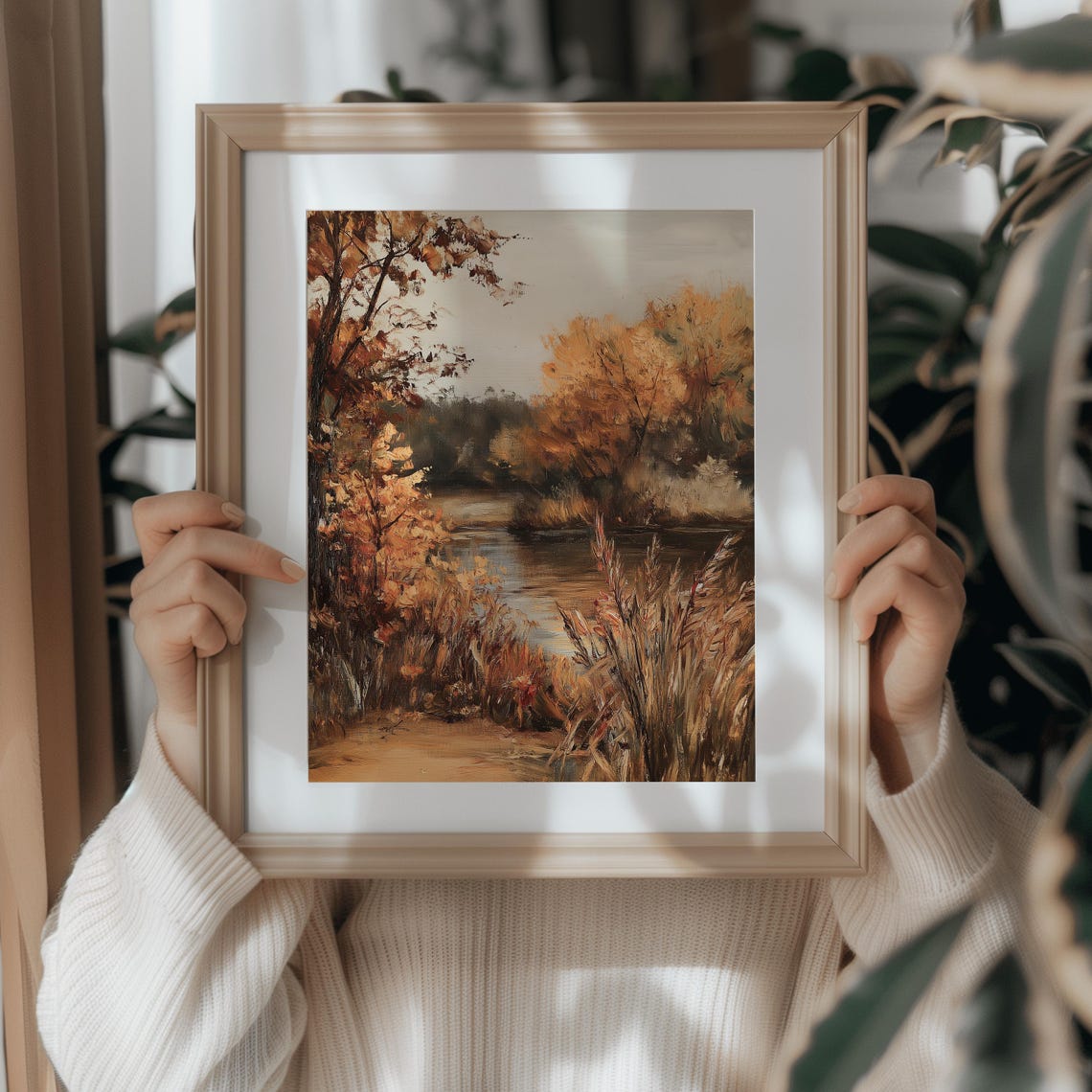 Golden Autumn Trees Along Quiet River Impressionist Landscape Poster - Image 2