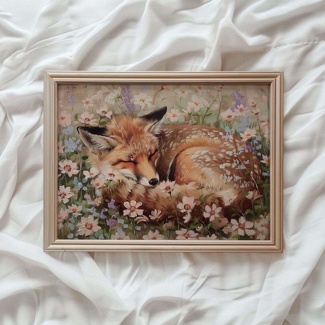 Fox Sleeping on Flowers, Romantic Woodland Art Print