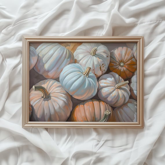 Pastel Blue White Pumpkins Painted Harvest Farmhouse Fall Wall Art