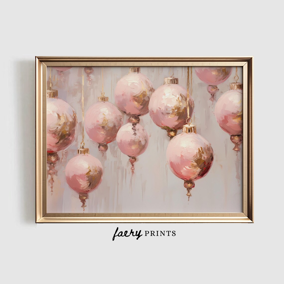 Pink Ornaments Christmas Art Print, Pastel Holiday Decor