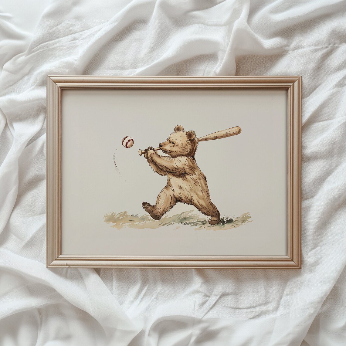 Bear Baseball Print, Vintage Nursery Art