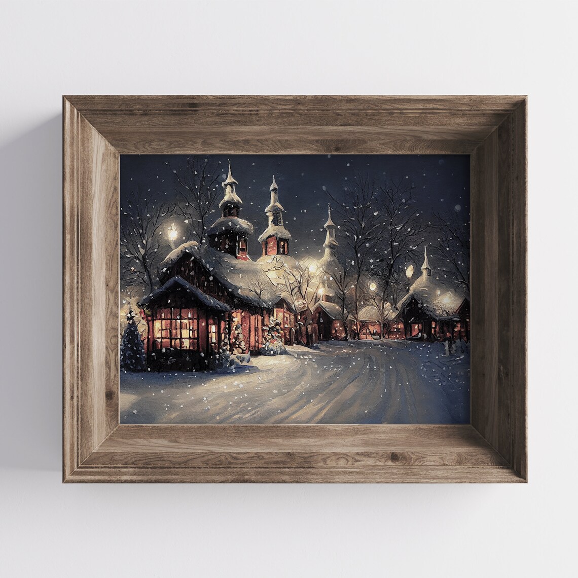 Christmas Village Vintage Winter Evening Art Print - Image 3