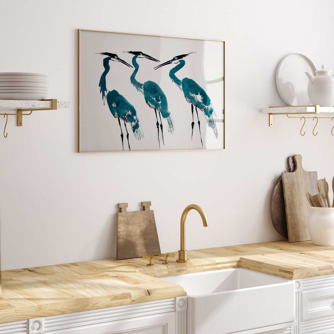 Three Teal Herons Japanese Ink Wash Painting Coastal Bird Art Print - Image 2