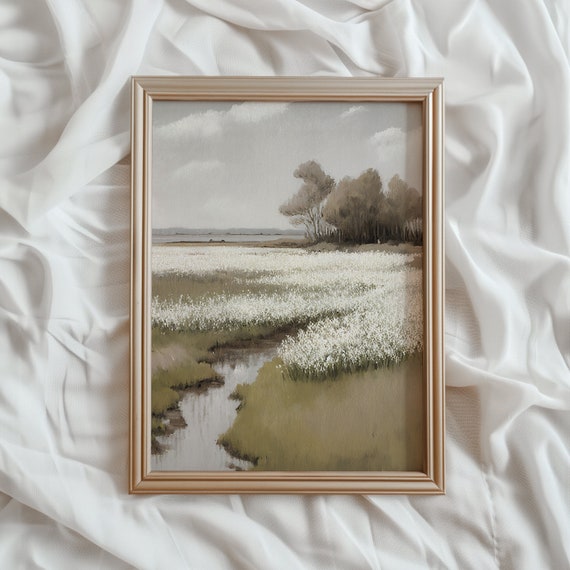 Meadow Landscape Print, Vintage Countryside Wildflowers