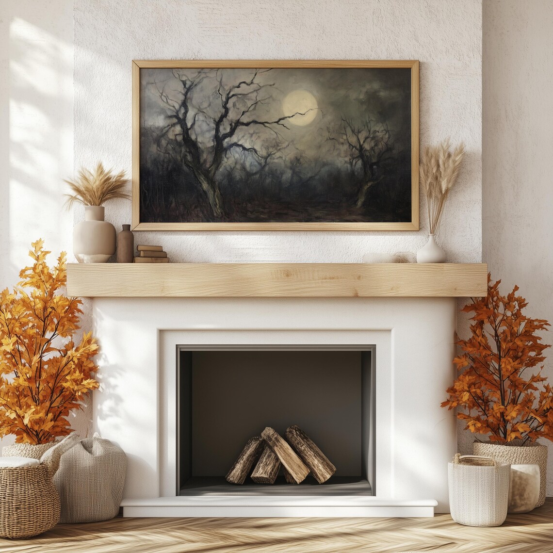 Full Moon Spooky Bare Trees Dark Misty Forest Halloween Painting Poster