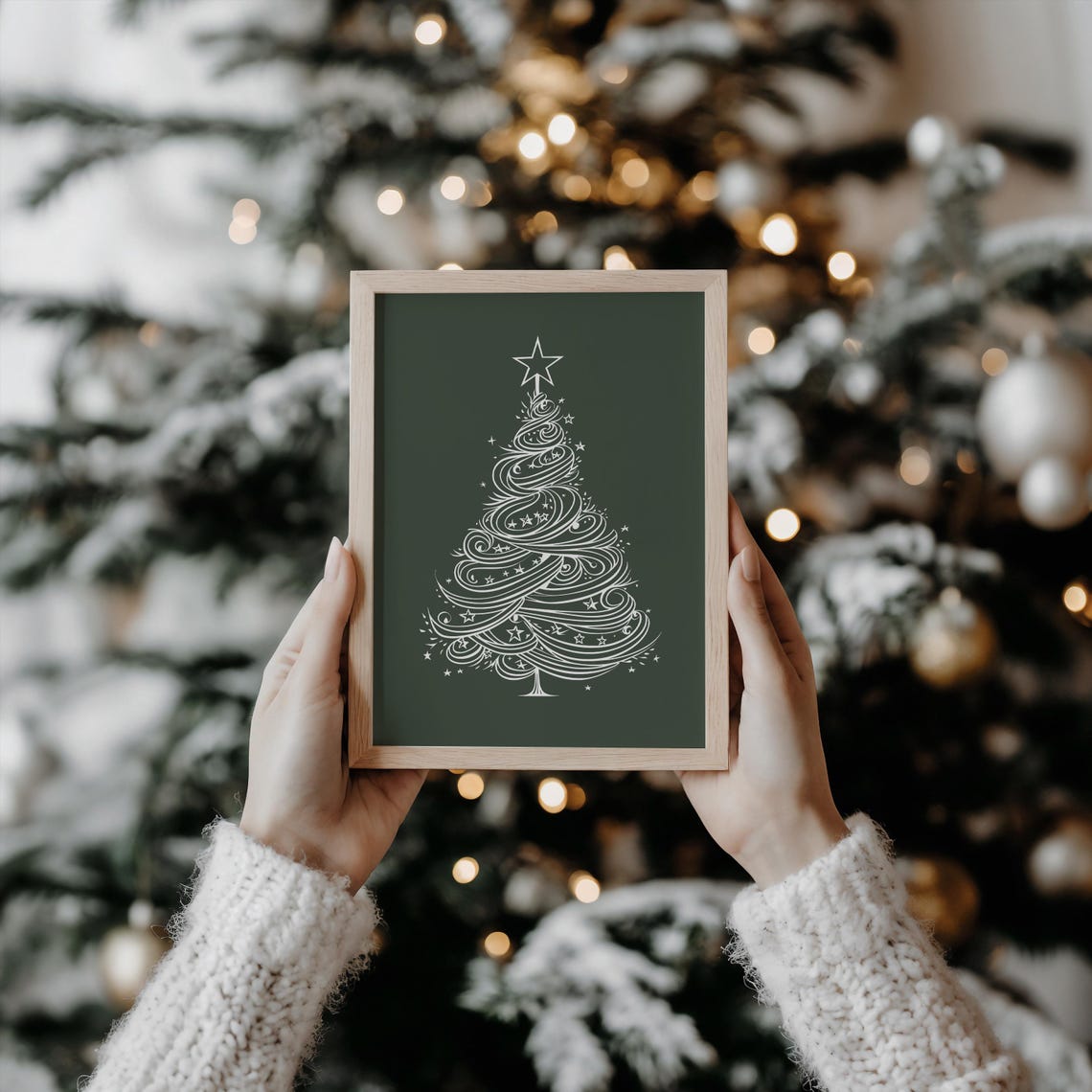 Swirling White Line Christmas Tree Star Minimalist Green Poster - Image 5