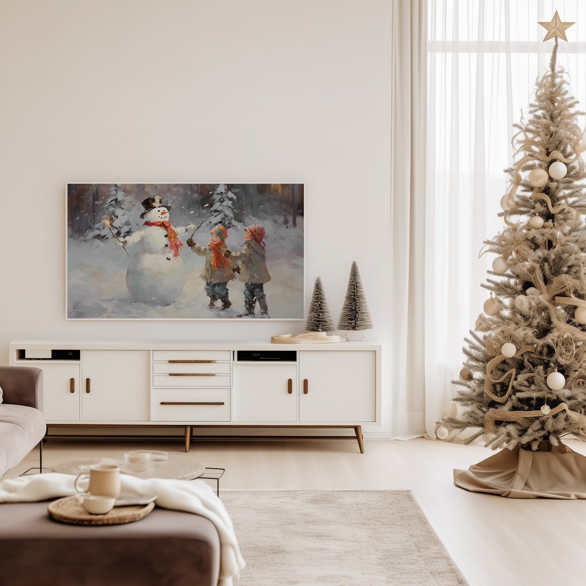 Snowman And Two Children Playing In Fresh Snow Painting Poster - Image 2