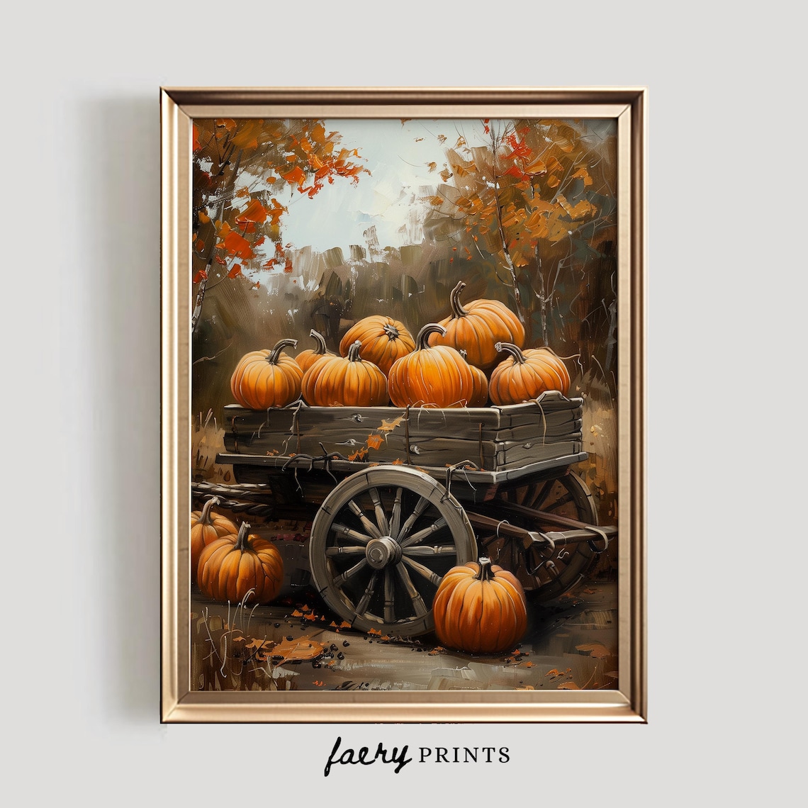 Wooden Wagon Loaded with Pumpkins in Autumn Forest Harvest Art Poster