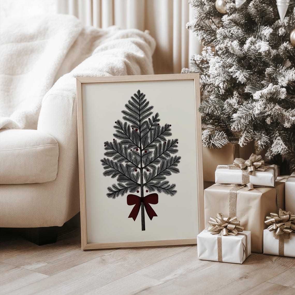 Etched Pine Christmas Tree with Red Bow Botanical Holiday Art Poster