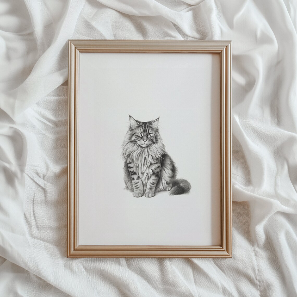 Maine Coon Cat Sketch, Black And White Art Print