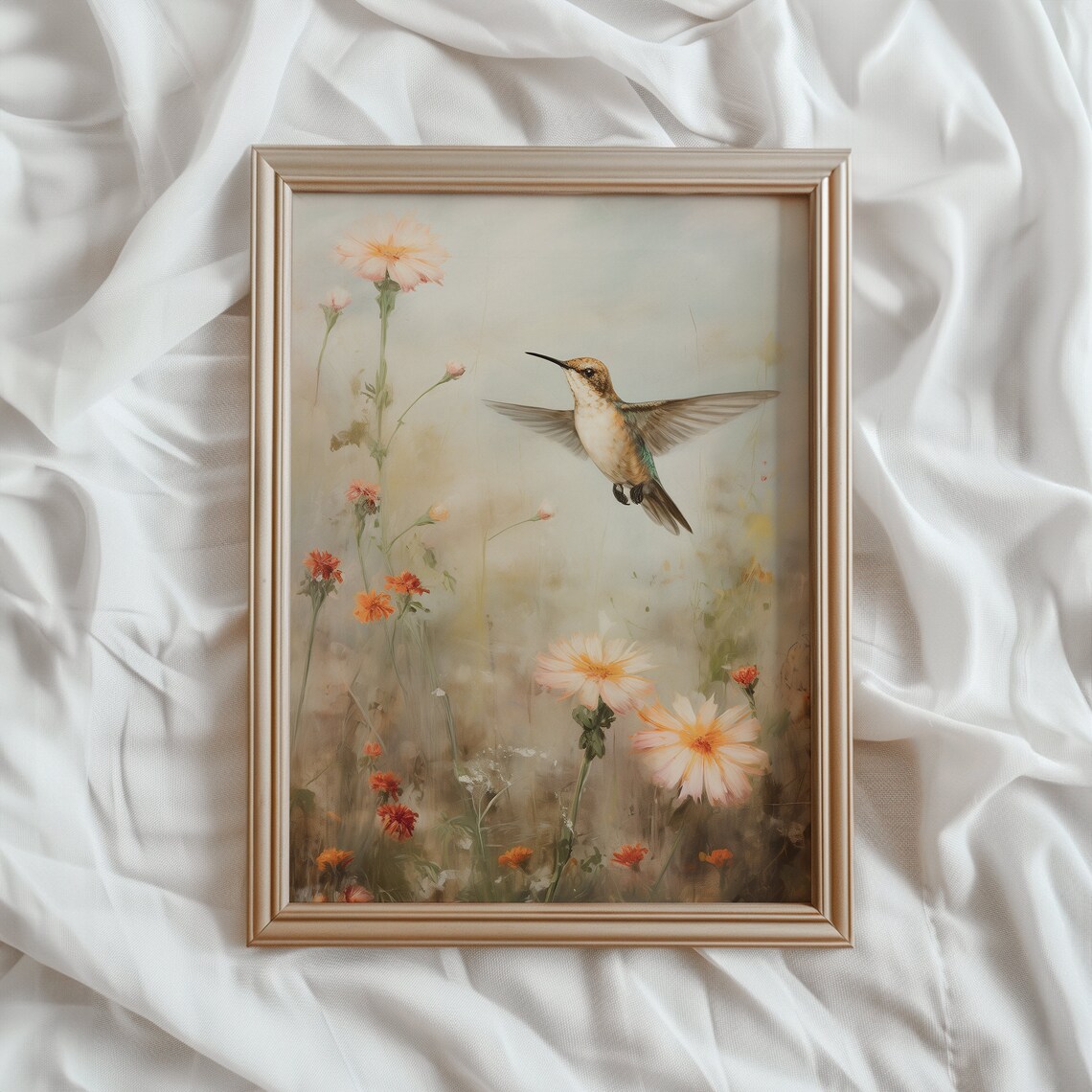 Spring Hummingbird In Wildflowers Vintage Poster