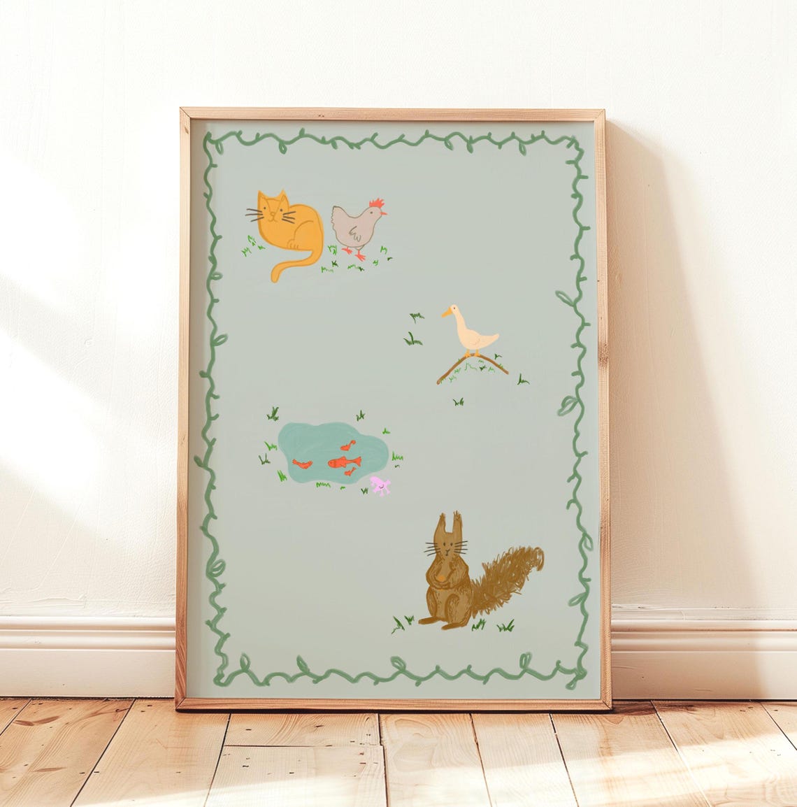 Cute Farm Animals Nursery Poster Sage Green Cat Squirrel Kids Art