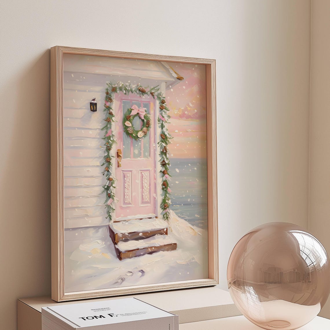 Pink Beach House Christmas Door Winter Wreath Coastal Poster