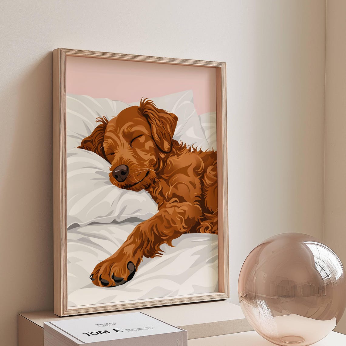 Goldendoodle Sleeping Dog Pink Bed Cozy Doodle Puppy Cute Poster