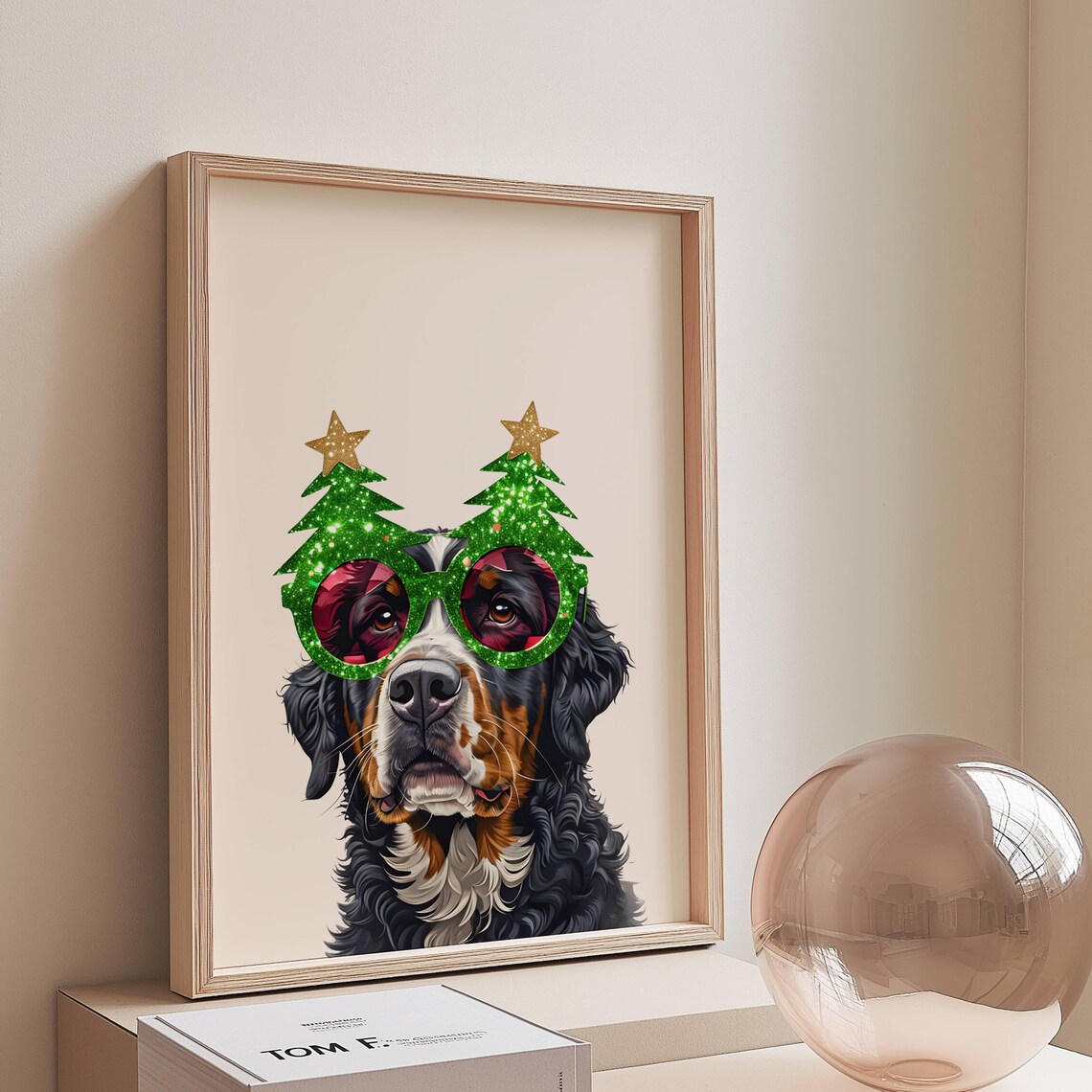 Christmas Bernese Mountain Dog Art Print, Holiday Decor