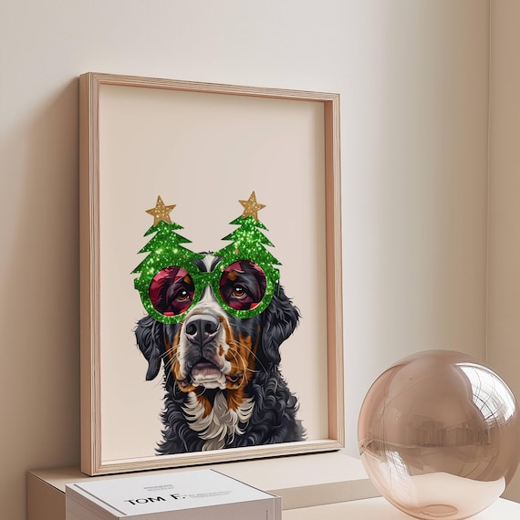 Christmas Bernese Mountain Dog Art Print, Holiday Decor