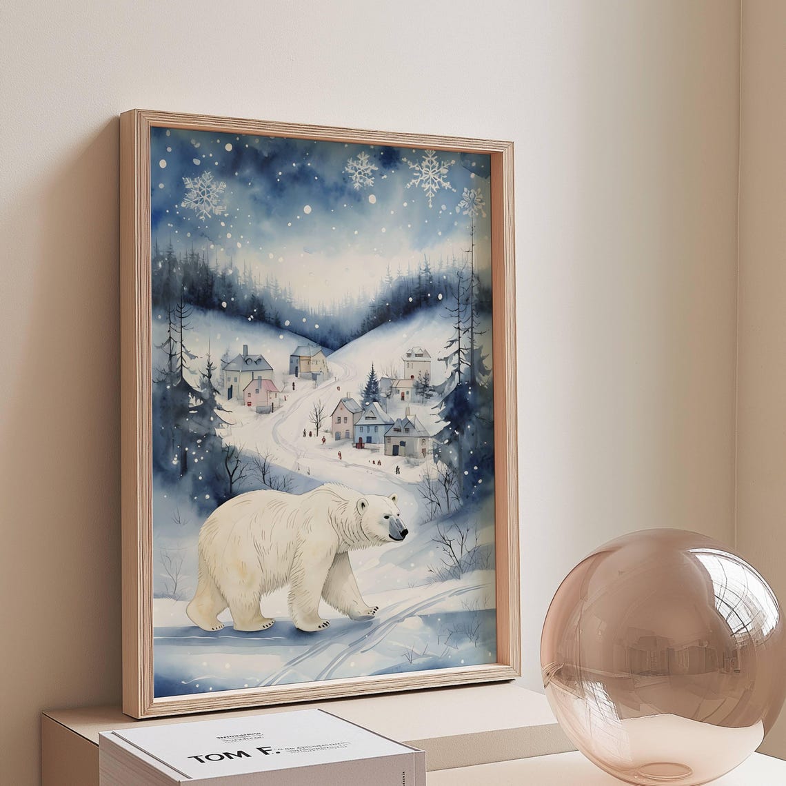 Polar Bear Winter Village Snowy Night Watercolor Whimsy Poster