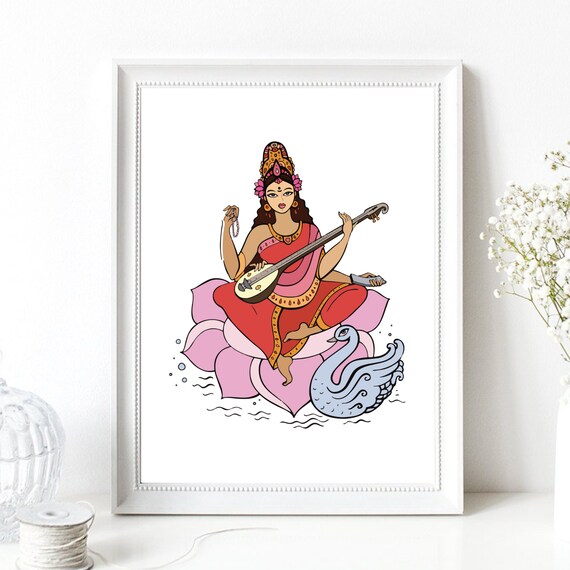 Goddess Saraswati Veena Lotus Swan Hindu Music Goddess Color Poster
